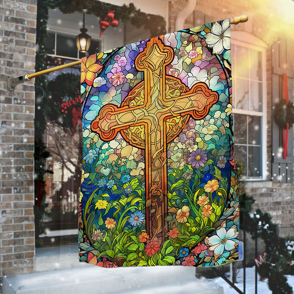Christianartworkshop Floral - Bandiera da giardino con croce macchiata e cerchiata: decorazione religiosa per il cortile - image 1