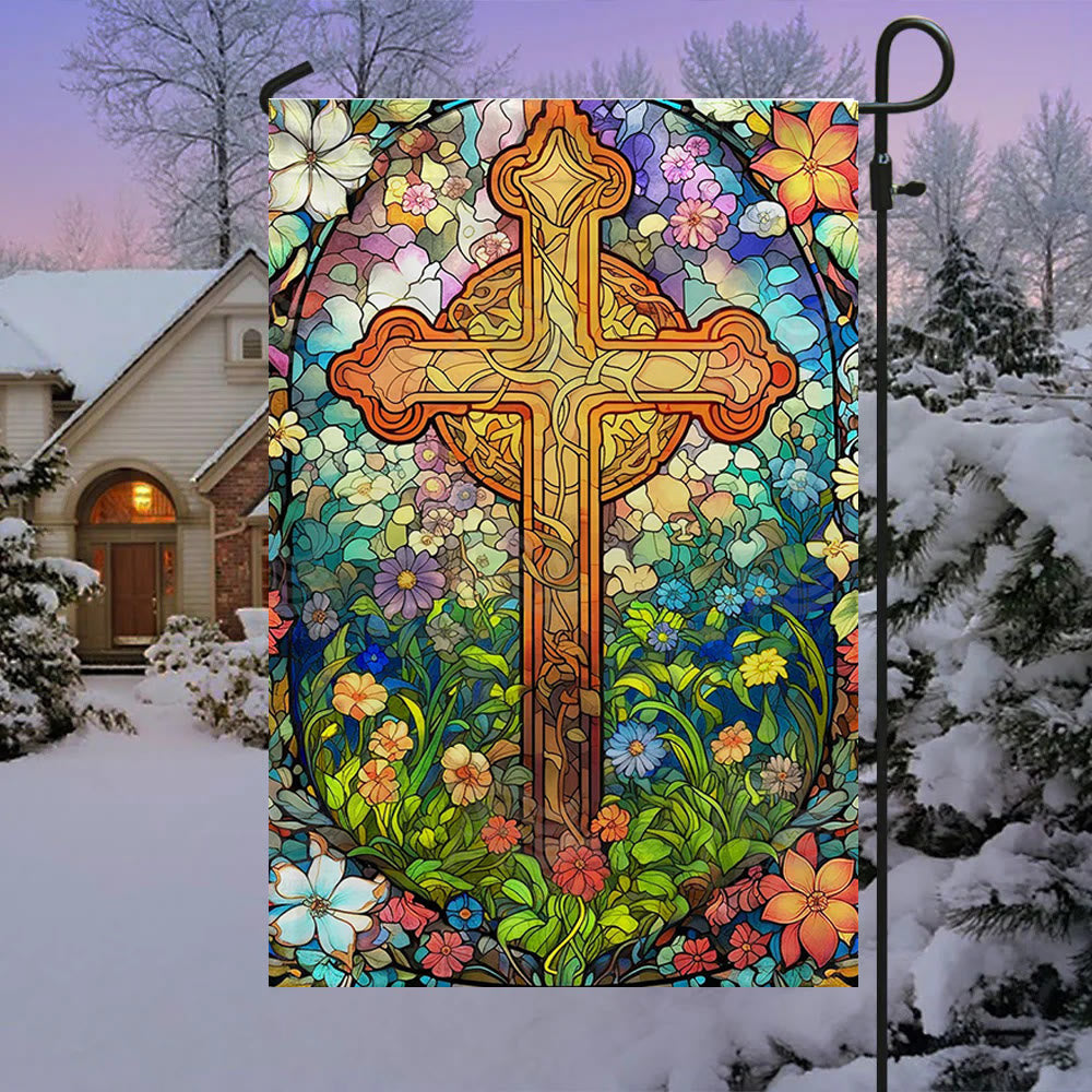 Christianartworkshop Floral - Bandiera da giardino con croce macchiata e cerchiata: decorazione religiosa per il cortile - image 2