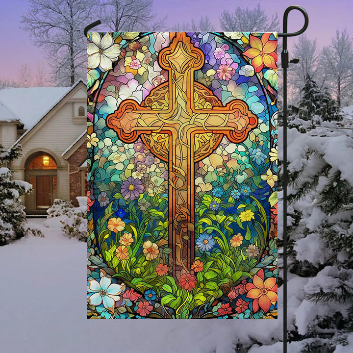 Christianartworkshop Floral - Bandiera da giardino con croce macchiata e cerchiata: decorazione religiosa per il cortile - image 2