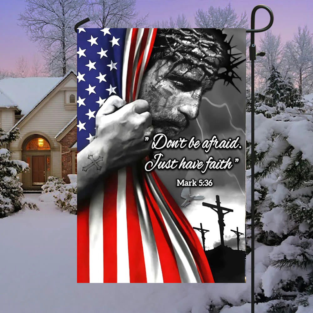 Bandiera americana e bandiera da giardino con scena della crocifissione Christianartworkshop : decorazione della fede "Don't Be Afraid" - image 1