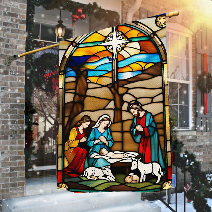 Christianartworkshop Bandiera da giardino della Natività della Sacra Famiglia: macchiata - Decorazione natalizia in stile - 90×150 cm (3×5 piedi) - image 0