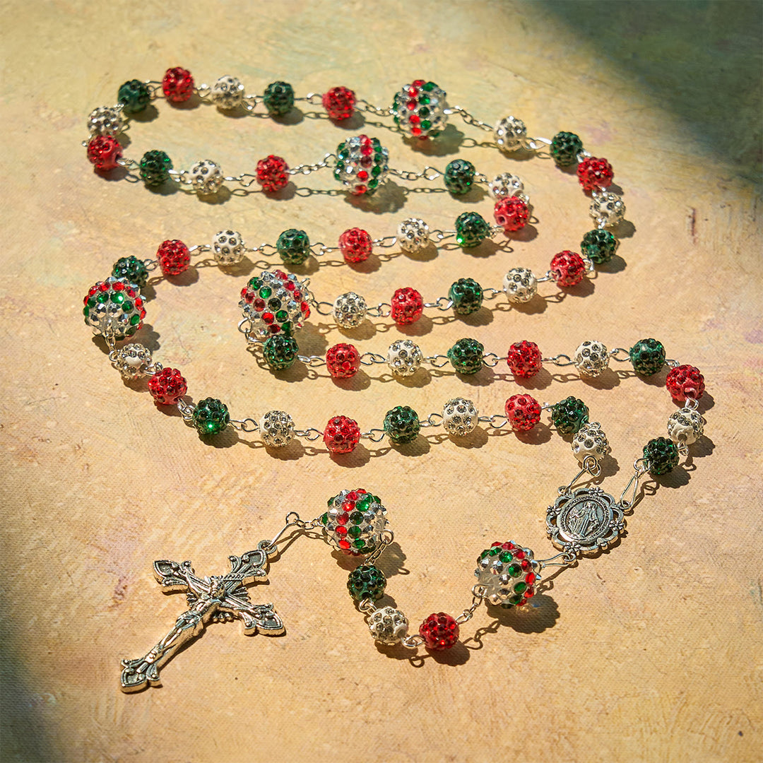 Rosario scintillante con perline tricolori ricoperte di cristallo e medaglia miracolosa Christianartworkshop - image 2