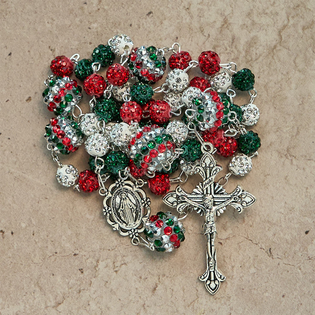 Rosario scintillante con perline tricolori ricoperte di cristallo e medaglia miracolosa Christianartworkshop - image 1