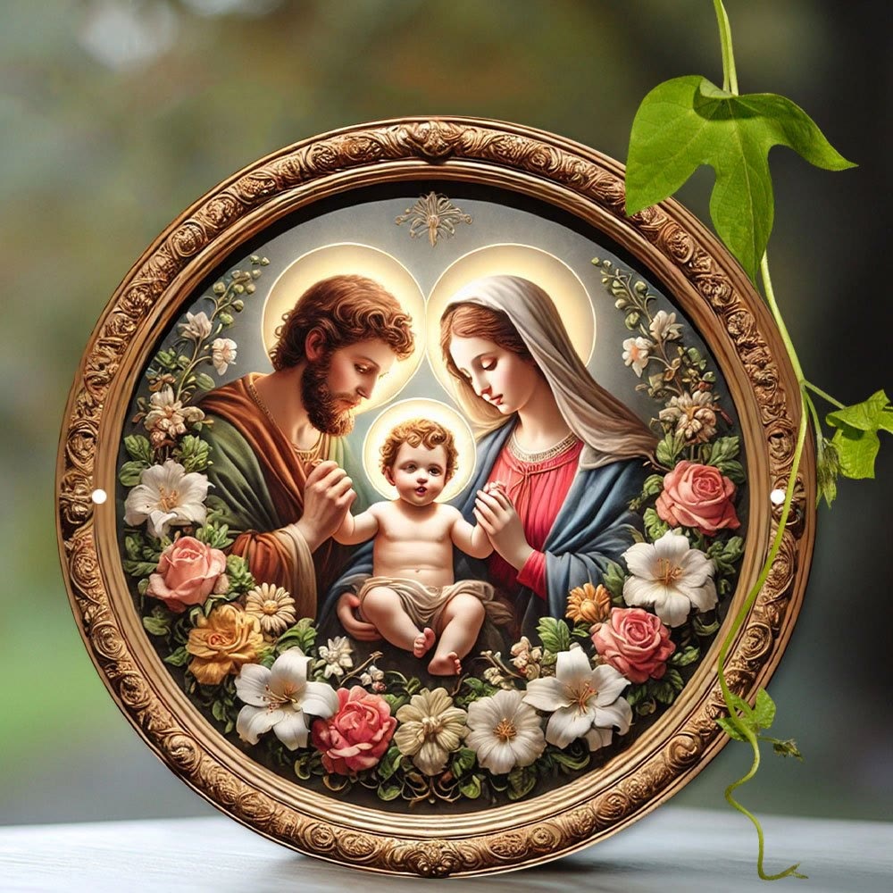 Christianartworkshop Ornamenti floreali dorati con cornice della Sacra Famiglia - image 1