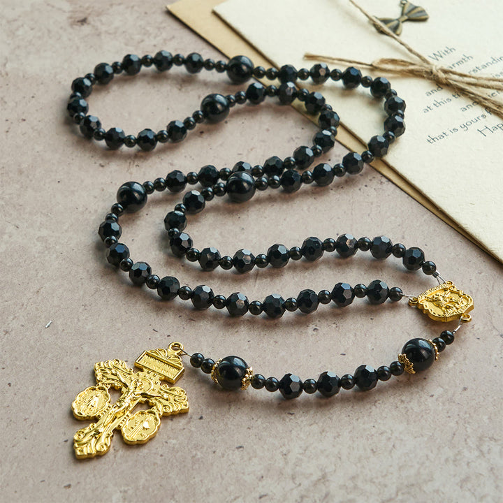 Christianartworkshop Crocifisso di San Michele e del Perdono con perline nere sfaccettate, rosario fatto a mano - image 5