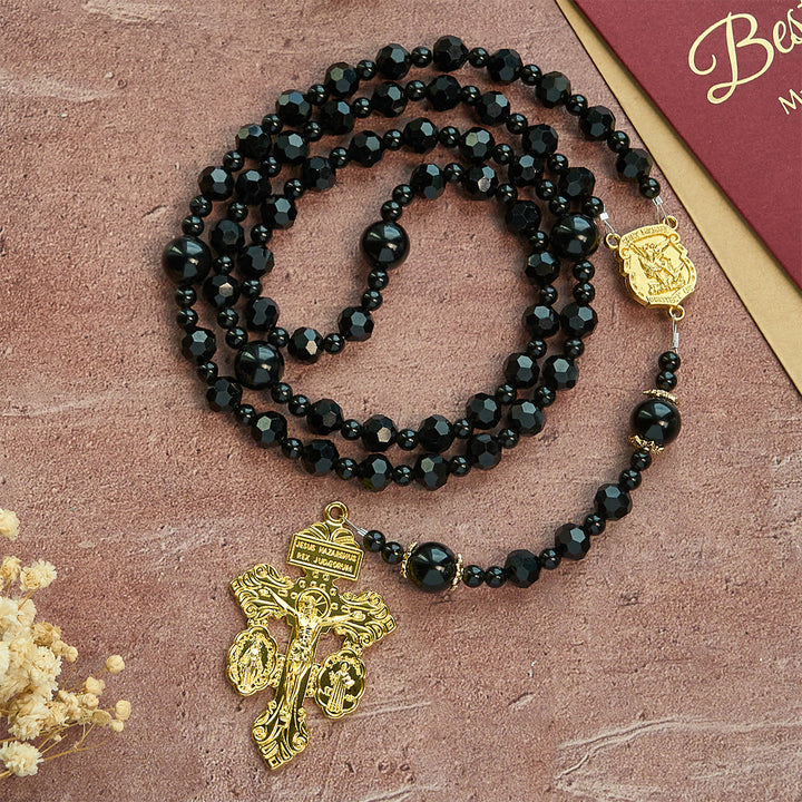 Christianartworkshop Crocifisso di San Michele e del Perdono con perline nere sfaccettate, rosario fatto a mano - image 2