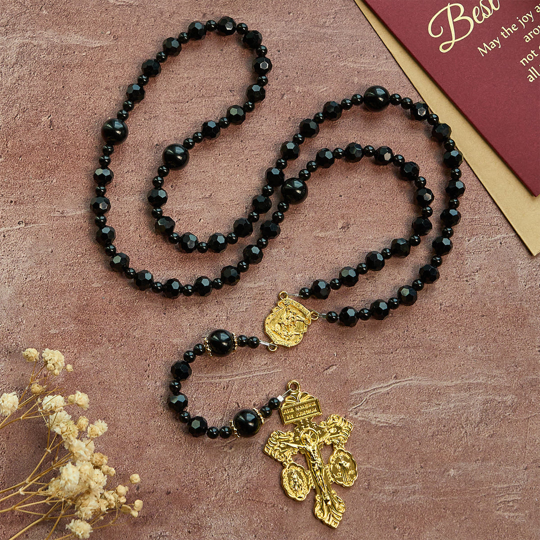 Christianartworkshop Crocifisso di San Michele e del Perdono con perline nere sfaccettate, rosario fatto a mano - Crocifisso di San Michele e del Perdono - image 0