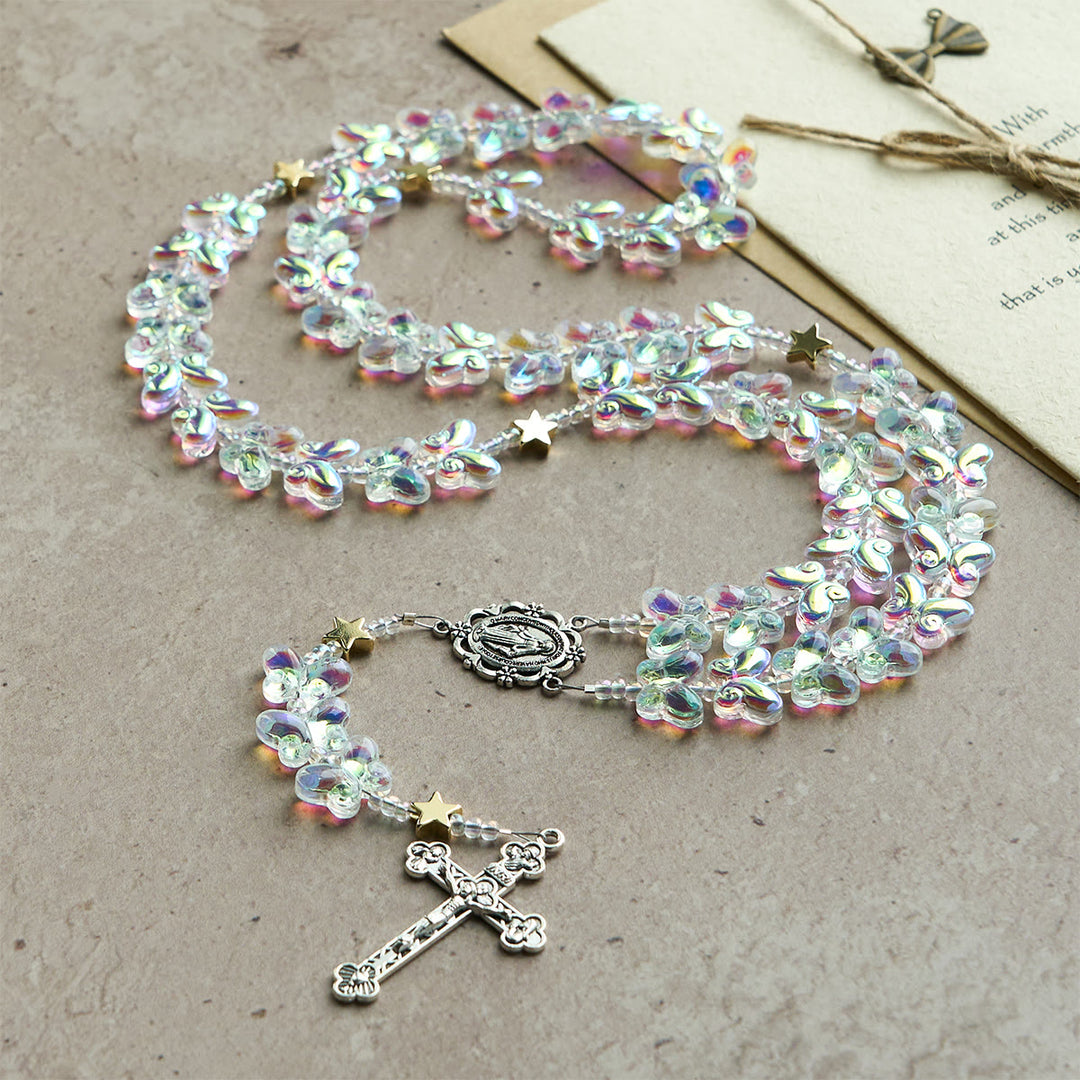 Christianartworkshop Cielo stellato Farfalla verde scintillante con medaglia miracolosa Rosario animale - image 3