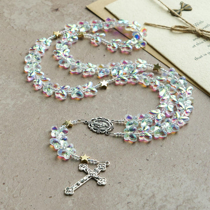 Christianartworkshop Cielo stellato Farfalla verde scintillante con medaglia miracolosa Rosario animale - image 3