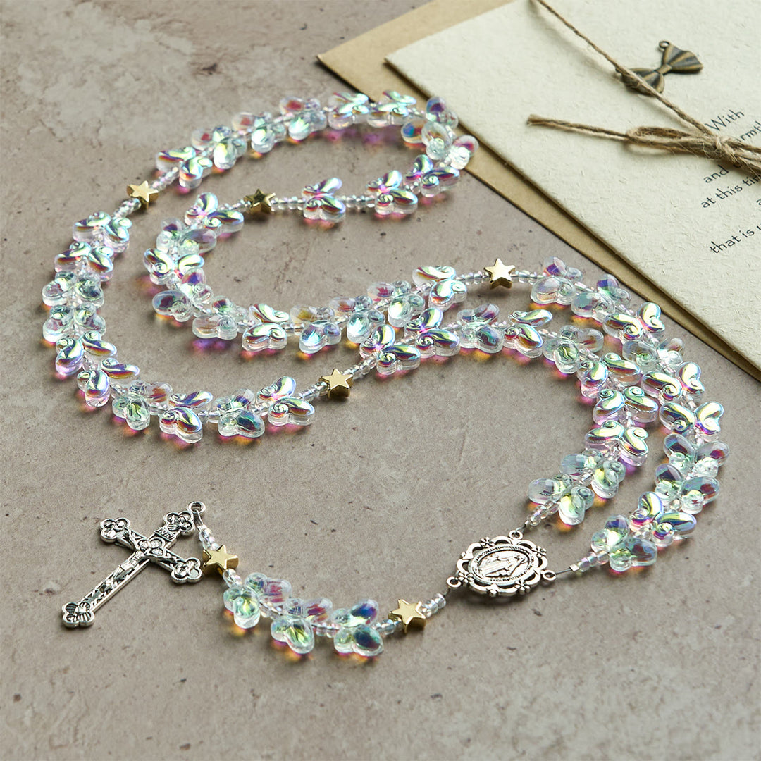 Christianartworkshop Cielo stellato Farfalla verde scintillante con medaglia miracolosa Rosario animale - image 4