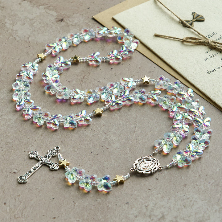 Christianartworkshop Cielo stellato Farfalla verde scintillante con medaglia miracolosa Rosario animale - image 4