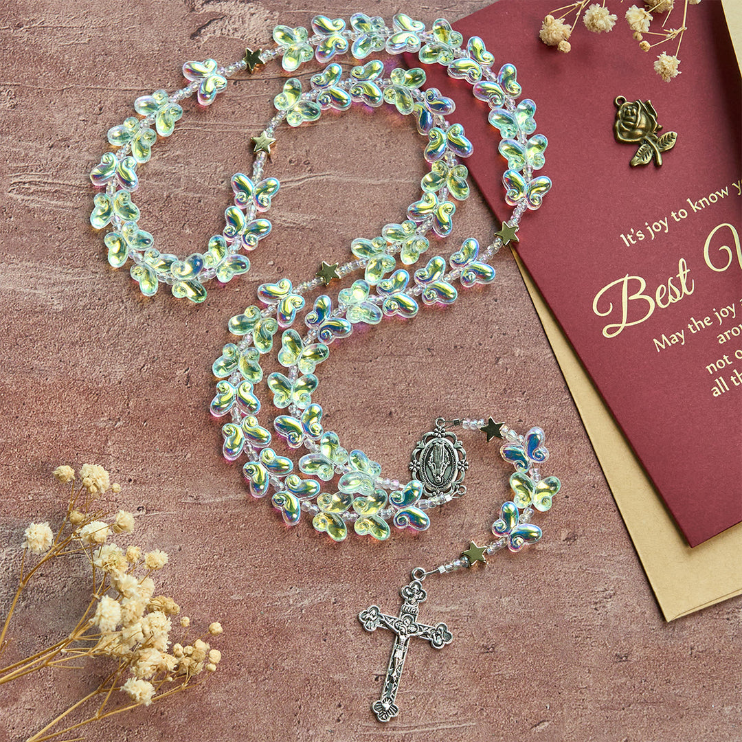 Christianartworkshop Cielo stellato Farfalla verde scintillante con medaglia miracolosa Rosario animale - image 1