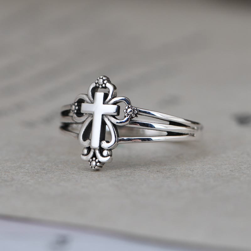 Anello in argento sterling decorato con croce in stile cattedrale Christianartworkshop con volute floreali - S925 (adatto per taglie USA 7-14) - image 0