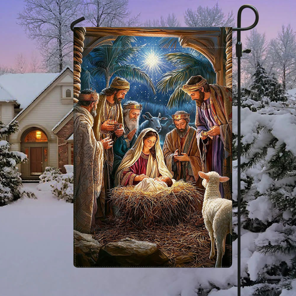 Christianartworkshop Bandiera da giardino della Natività in atmosfera sacra: Re Magi e Gesù Bambino - 90×150 cm (3×5 piedi) - image 0
