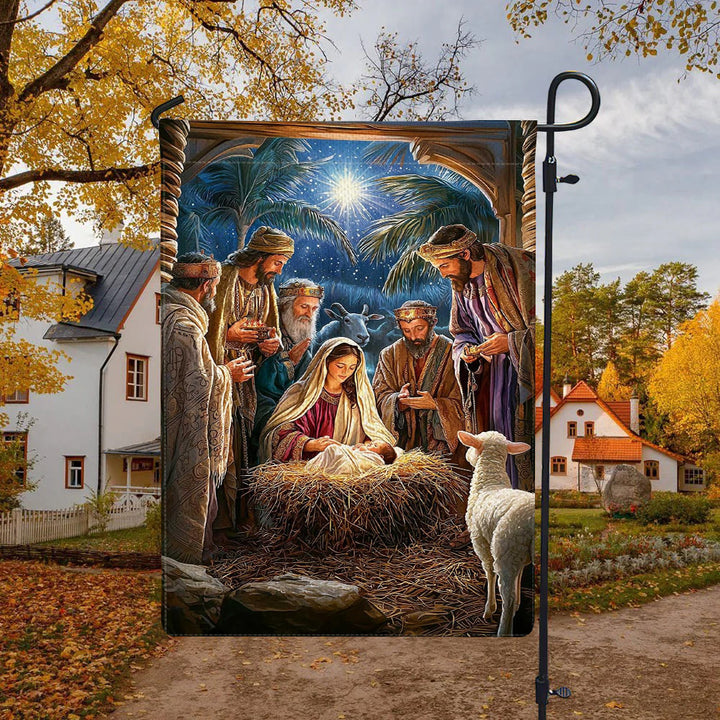 Christianartworkshop Bandiera da giardino della Natività in atmosfera sacra: Re Magi e Gesù Bambino - image 3