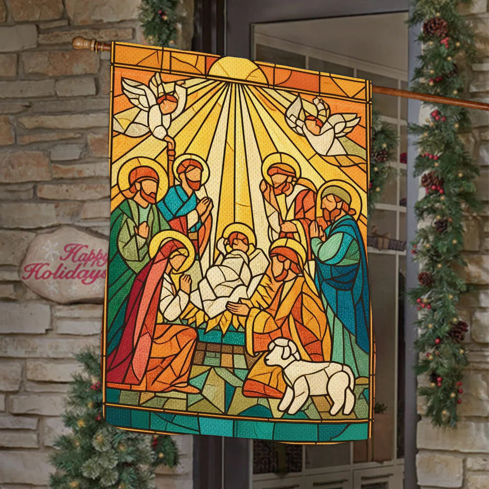 Bandiera da giardino della Natività colorata e luminosa di Christianartworkshop - Scena di fede natalizia luminosa - image 1