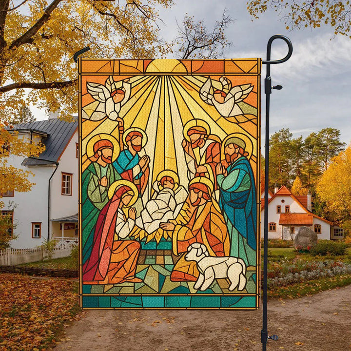 Bandiera da giardino della Natività colorata e luminosa di Christianartworkshop - Scena di fede natalizia luminosa - 90×150 cm (3×5 piedi) - image 0