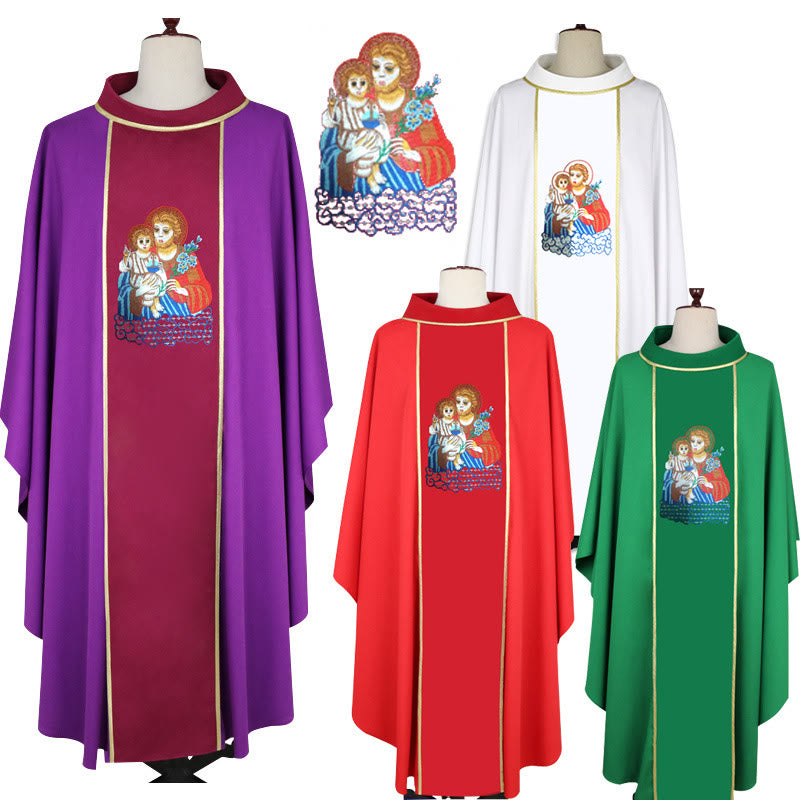 Christianartworkshop Casula multicolore con motivo Maria e Gesù e rifiniture dorate - Rosso - Taglia unica adatta alla maggior parte delle persone - image 0