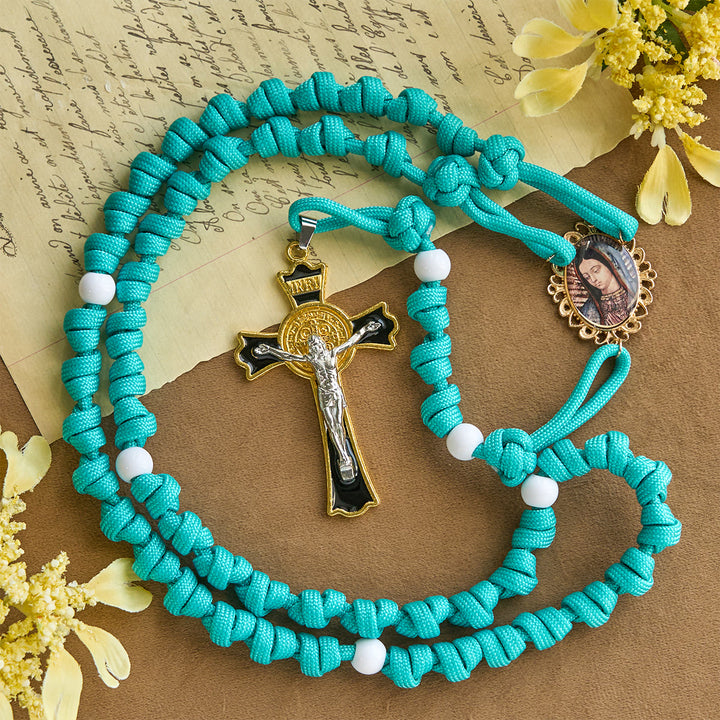 Christianartworkshop Rosario annodato turchese vibrante con cammeo di Guadalupe: presa forte, messa a fuoco sacra - Paracord - image 0