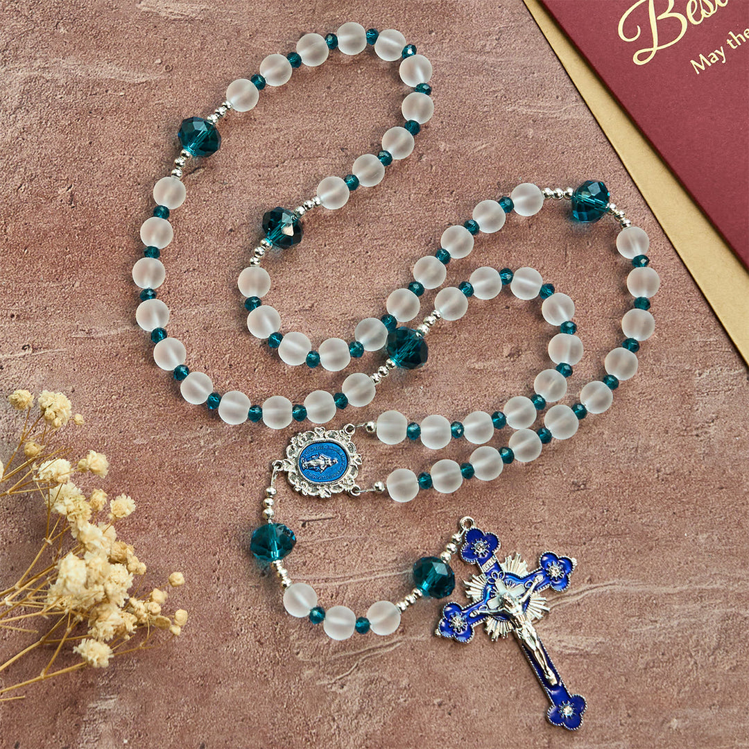 Christianartworkshop Rosario in vetro bianco satinato in stile blu oceano con crocifisso e Madonna - image 4