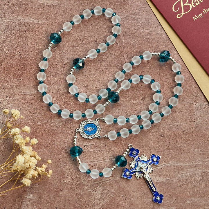 Christianartworkshop Rosario in vetro bianco satinato in stile blu oceano con crocifisso e Madonna - image 4