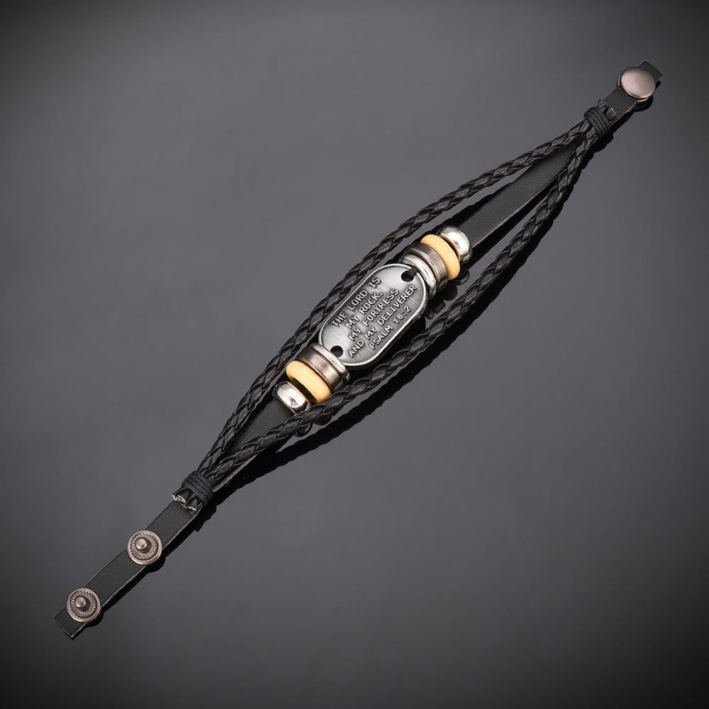 Bracciale in pelle intrecciata fatto a mano di Christianartworkshop con iscrizione del Salmo 18:2 - image 5