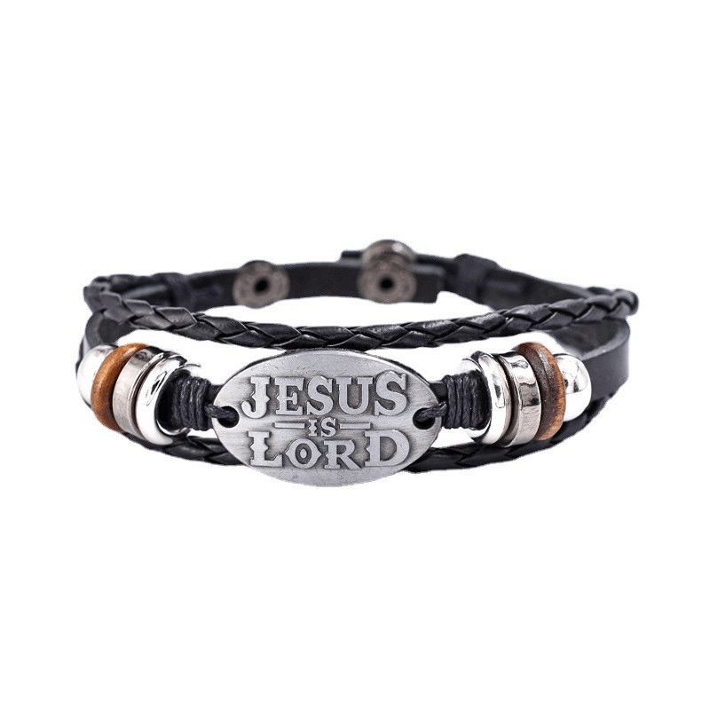 Bracciale in pelle intrecciata nera Christianartworkshop con iscrizione JESUS IS SIGNOR - image 7
