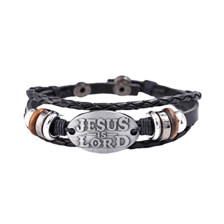 Bracciale in pelle intrecciata nera Christianartworkshop con iscrizione JESUS IS SIGNOR - image 7