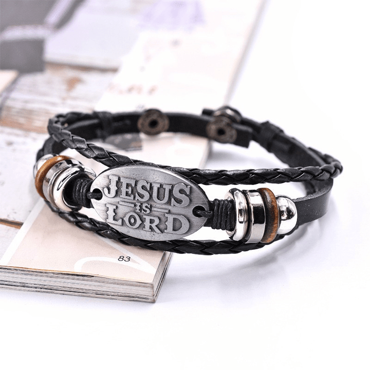 Bracciale in pelle intrecciata nera Christianartworkshop con iscrizione JESUS IS SIGNOR - image 6