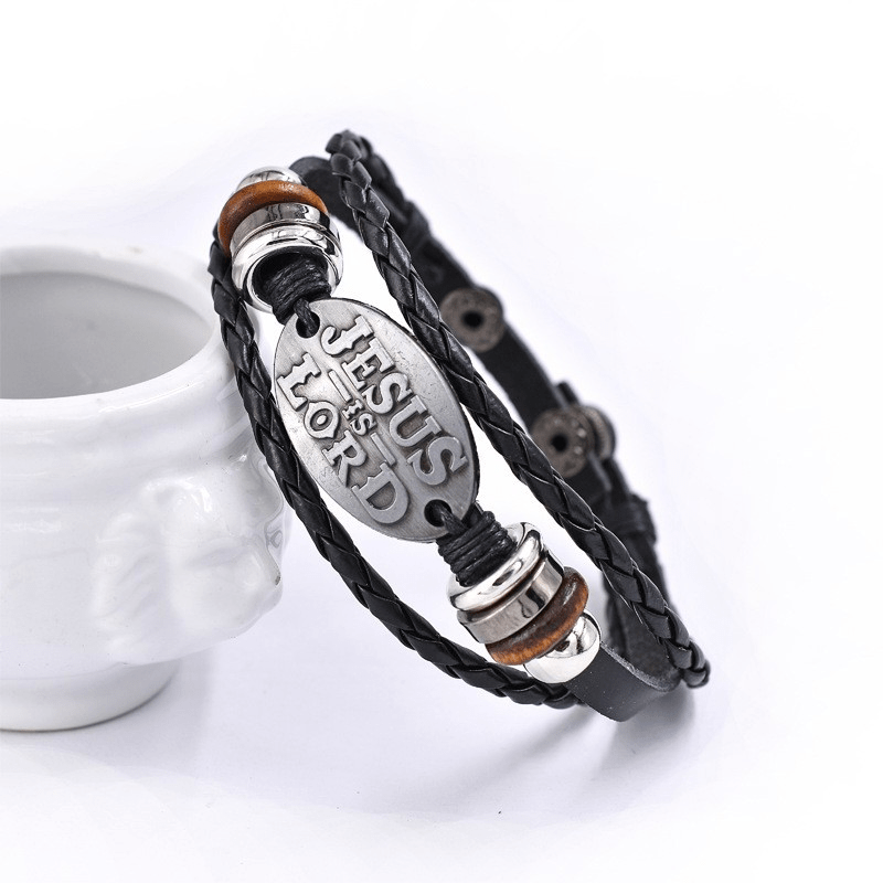 Bracciale in pelle intrecciata nera Christianartworkshop con iscrizione JESUS IS SIGNOR - image 5