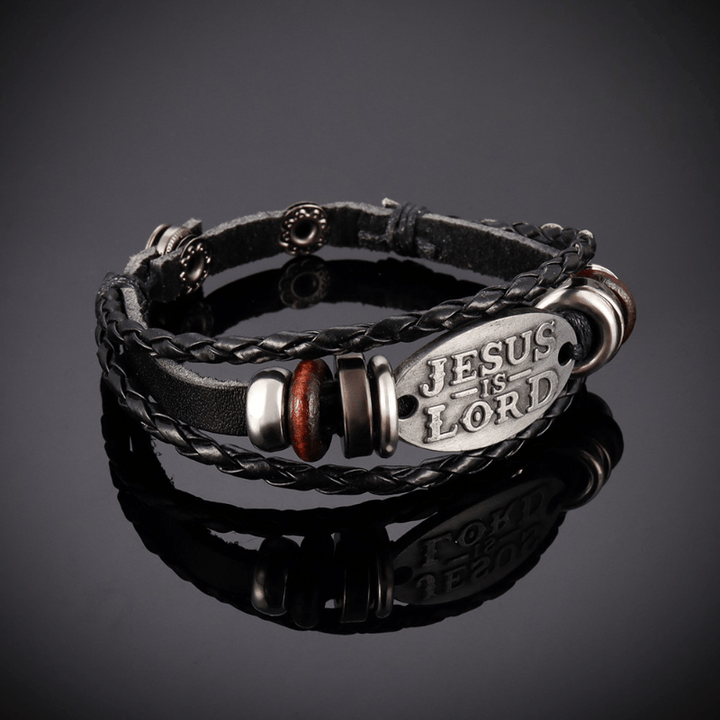 Bracciale in pelle intrecciata nera Christianartworkshop con iscrizione JESUS IS SIGNOR - image 4
