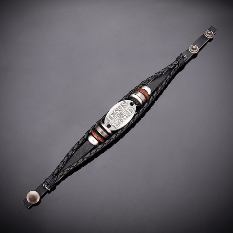 Bracciale in pelle intrecciata nera Christianartworkshop con iscrizione JESUS IS SIGNOR - image 3