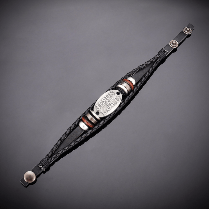 Bracciale in pelle intrecciata nera Christianartworkshop con iscrizione JESUS IS SIGNOR - image 3