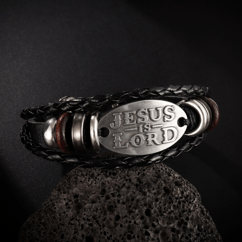 Bracciale in pelle intrecciata nera Christianartworkshop con iscrizione JESUS IS SIGNOR - Circonferenza del polso: 8,66''/22 cm - image 0