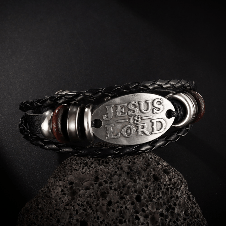 Bracciale in pelle intrecciata nera Christianartworkshop con iscrizione JESUS IS SIGNOR - Circonferenza del polso: 8,66''/22 cm - image 0