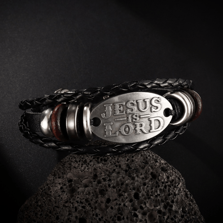 Christianartworkshop Bracciale in pelle intrecciata nera con iscrizione JESUS ​​IS LORD - Circonferenza del polso: 8,66''/22 cm - image 0