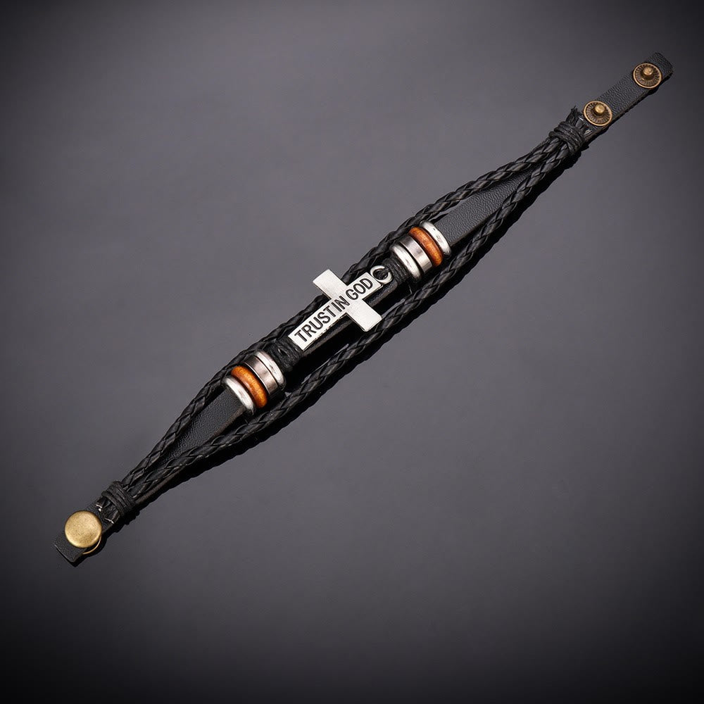 Christianartworkshop Bracciale in pelle intrecciata nera con croce e iscrizione TRUST IN GOD - image 5