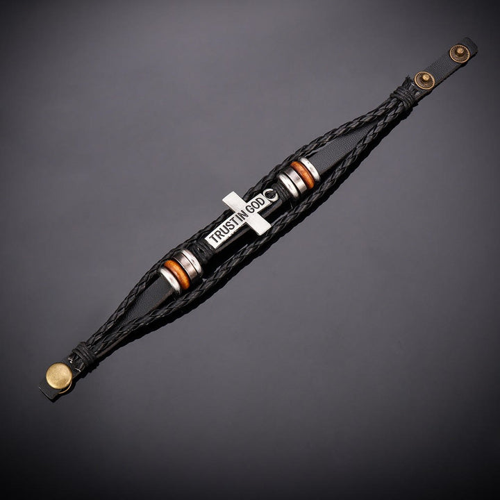 Christianartworkshop Bracciale in pelle intrecciata nera con croce e iscrizione TRUST IN GOD - image 5