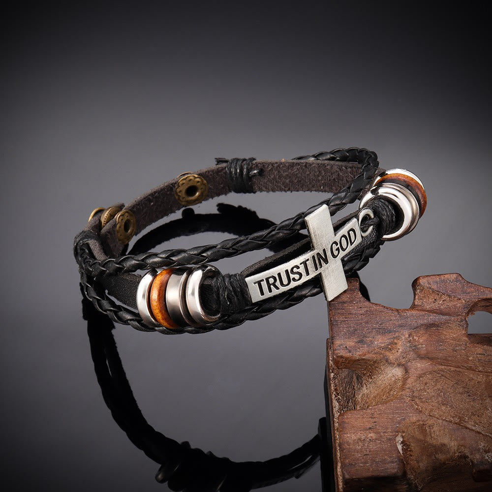 Christianartworkshop Bracciale in pelle intrecciata nera con croce e iscrizione TRUST IN GOD - image 3