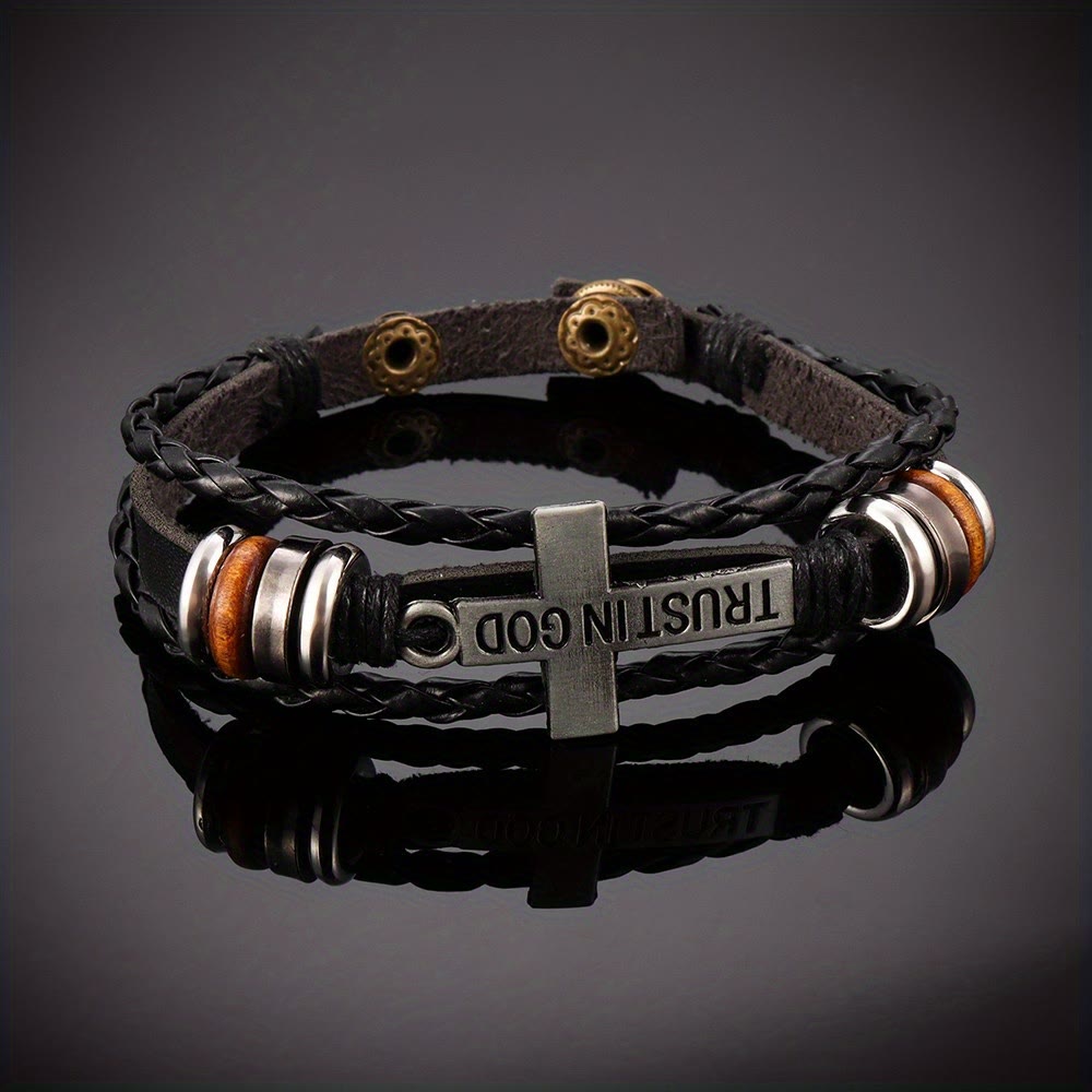 Christianartworkshop Bracciale in pelle intrecciata nera con croce e iscrizione TRUST IN GOD - image 2
