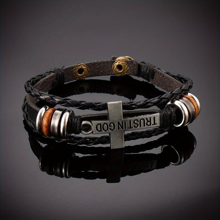 Christianartworkshop Bracciale in pelle intrecciata nera con croce e iscrizione TRUST IN GOD - image 2