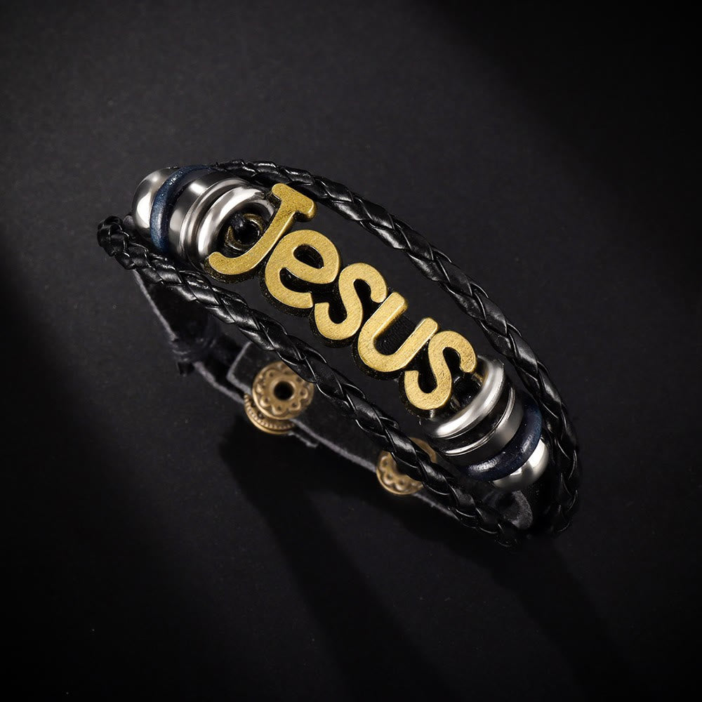 Christianartworkshop Bracciale bicolore con ciondolo di Gesù in pelle intrecciata nera - image 1