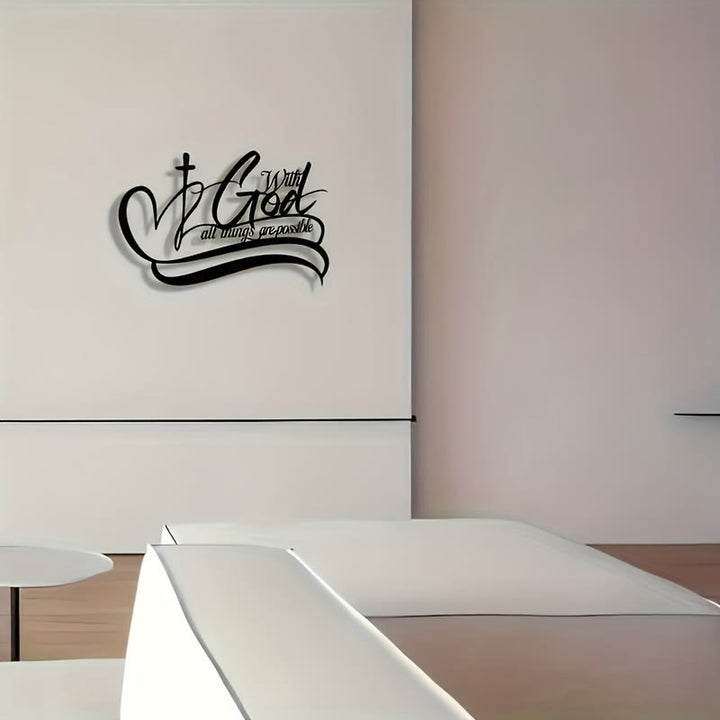 Decorazione da parete in metallo nero Christianartworkshop : Croce e Versetto "Con Dio tutto è possibile" - image 1
