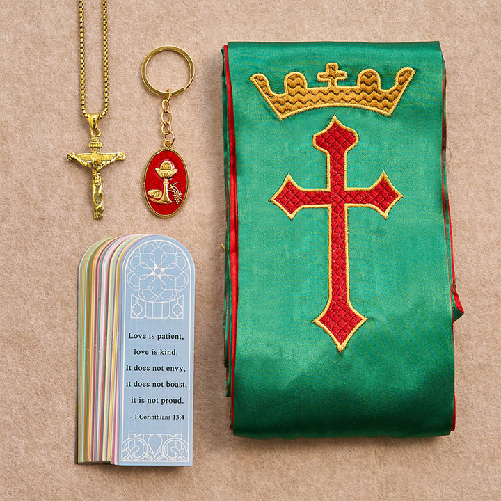 Christianartworkshop Set di benedizione con croce e corona verde, crocifisso dorato e scrittura: Vivi nella speranza - Collana d'oro - image 1
