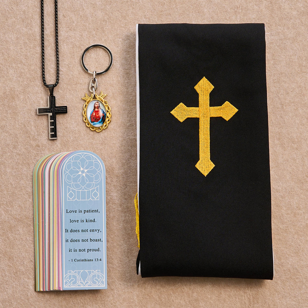 Christianartworkshop Set di benedizione con croce nera e dorata con Madonna e croce delle Scritture: Vivi nella fede - Collana nera - image 0