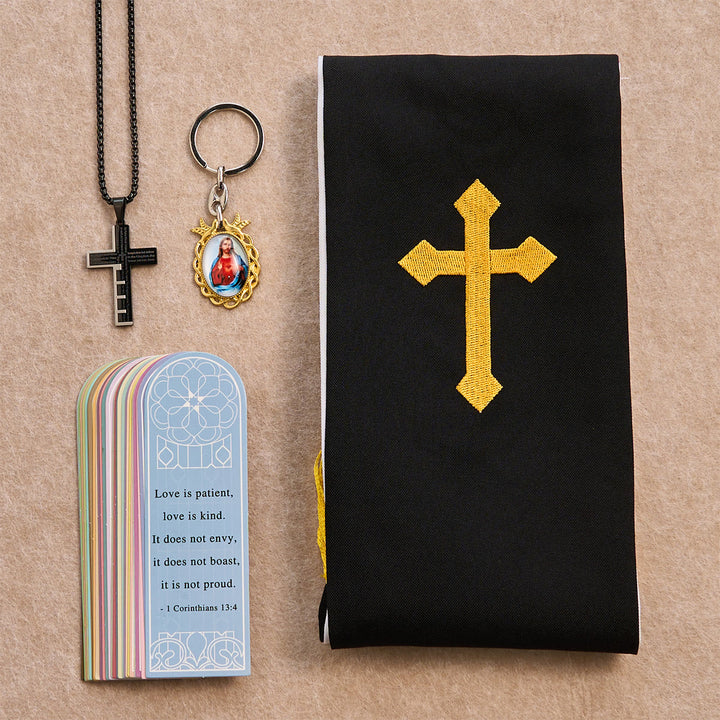 Christianartworkshop Set di benedizione con croce nera e dorata con Madonna e croce delle Scritture: Vivi nella fede - Collana nera - image 0