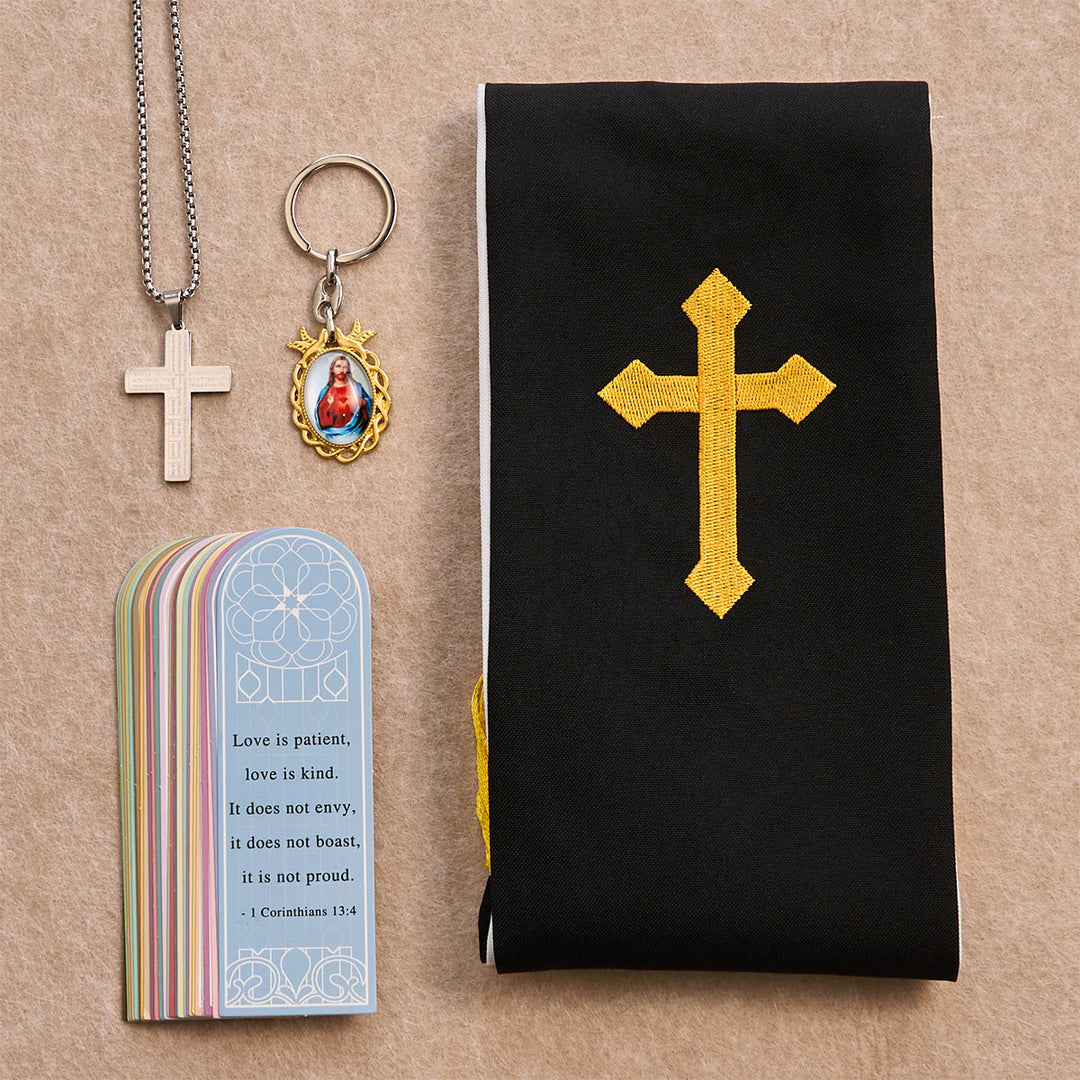 Christianartworkshop Set di benedizione con croce nera e dorata con Madonna e croce delle Scritture: Vivi nella fede - Collana in argento - image 4