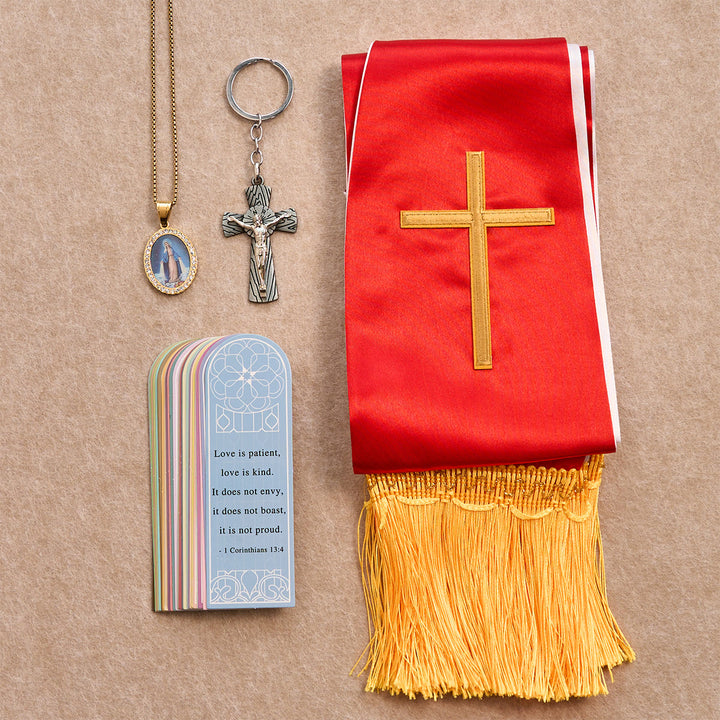 Christianartworkshop Set di benedizione con croce in oro rosso con Madonna e Scrittura: Vivi nella grazia - Vergine Maria - image 0