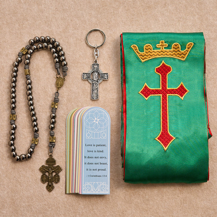 Christianartworkshop Set di benedizione Royal Cross in verde liturgico: governa le tue giornate con fede - Medaglia miracolosa e rosario crocifisso - image 0