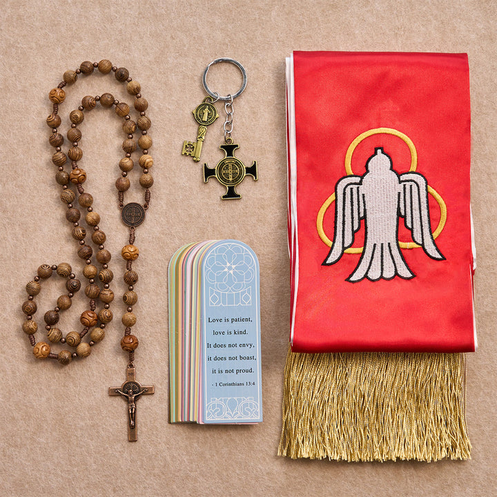 Christianartworkshop Set di benedizione con stola rossa a forma di colomba dello Spirito Santo, rosario in legno, portachiavi e segnalibro - Medaglia miracolosa e rosario crocifisso - image 0